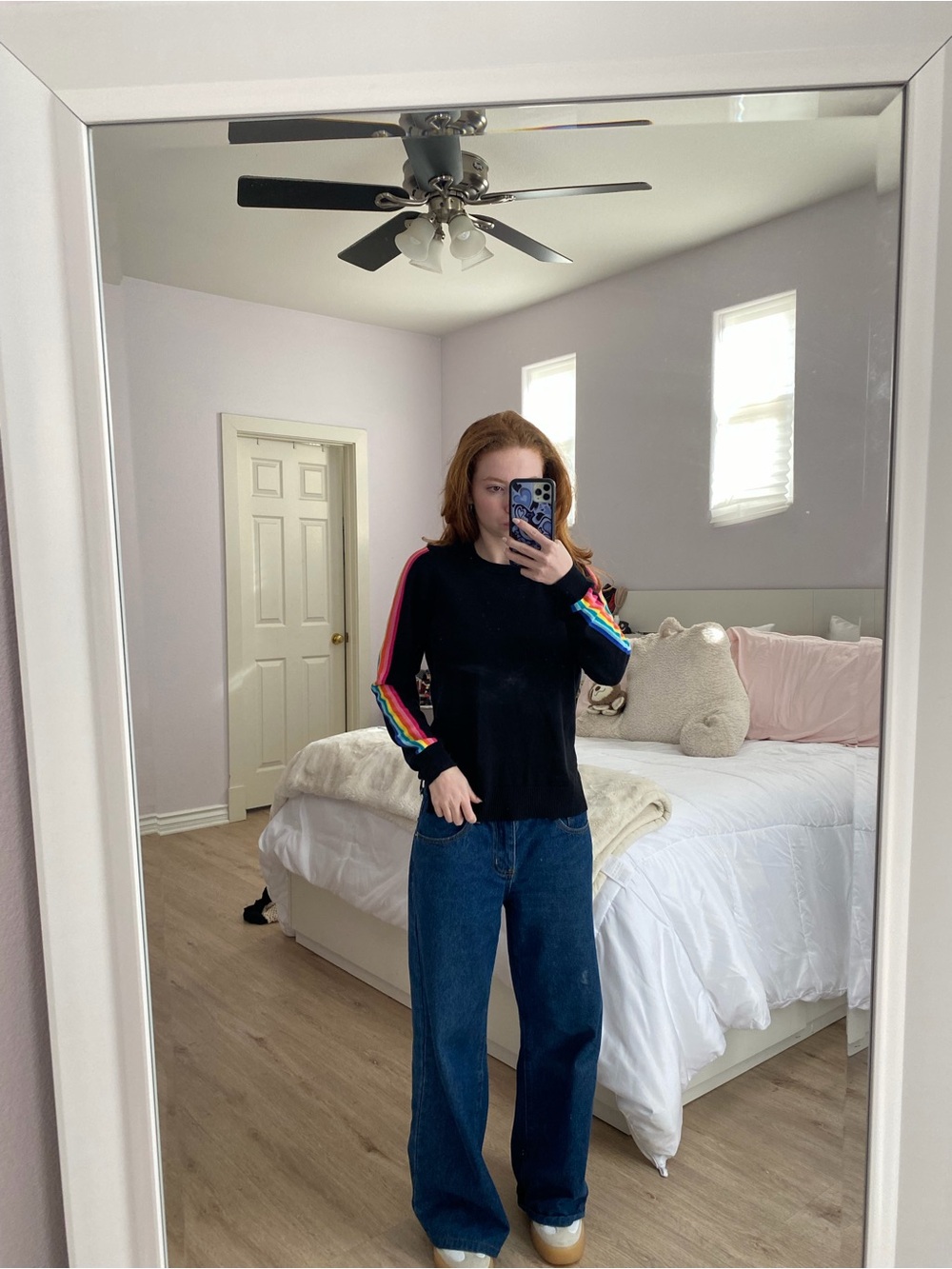 MENU Black Long-Sleeve Crewneck Top with Rainbow Sleeve Stripes
